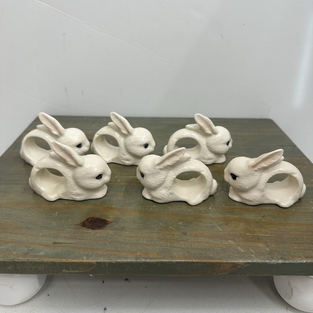 Set Of 6 Ceramic White Bunny Rabbit Napkin Ring Holders Handmade Easter Bunnies